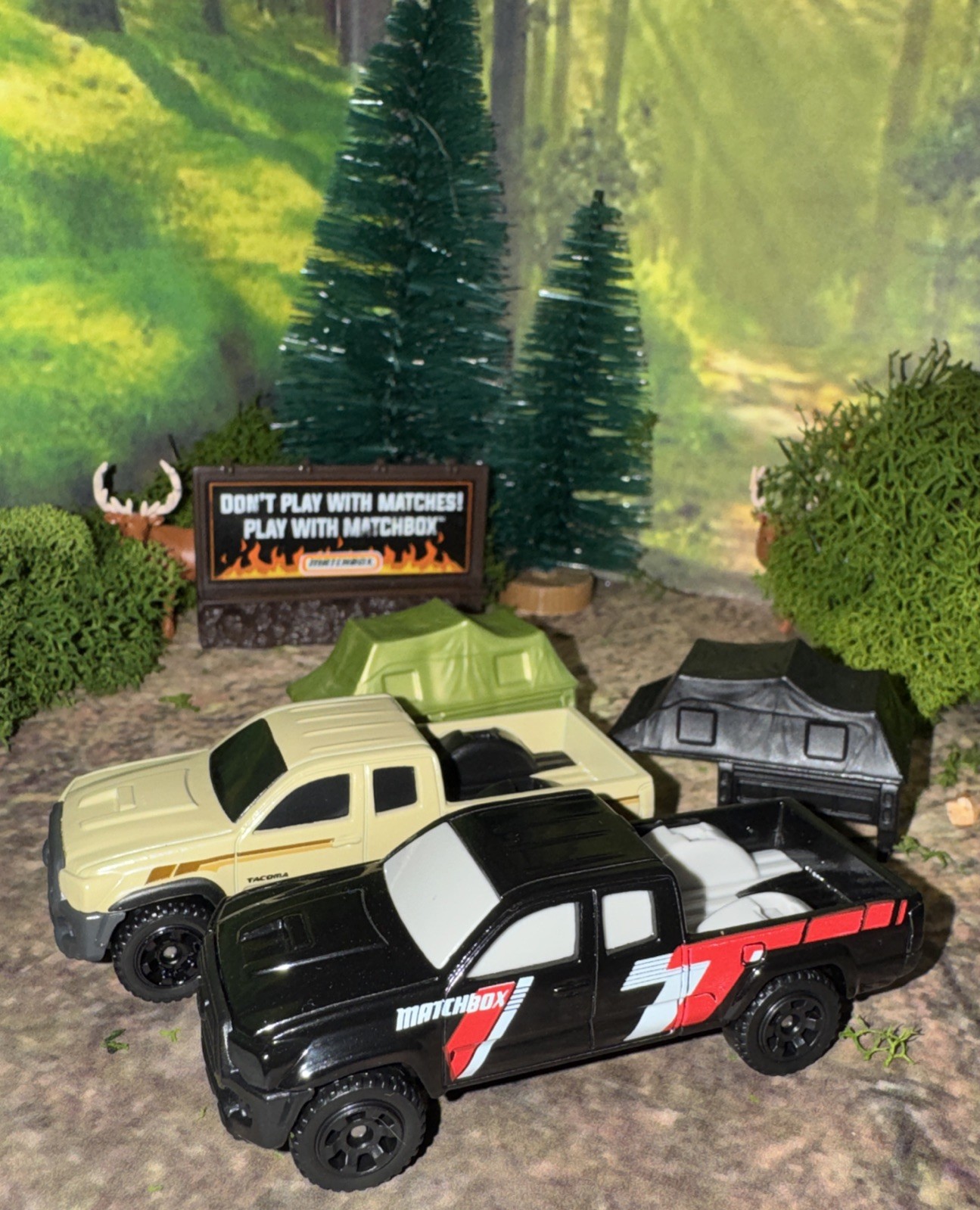 Lot Of 2 Toyota Tacoma Matchbox w/ Removable Camp Tent Black & Tan NLFFP 1:64 DC