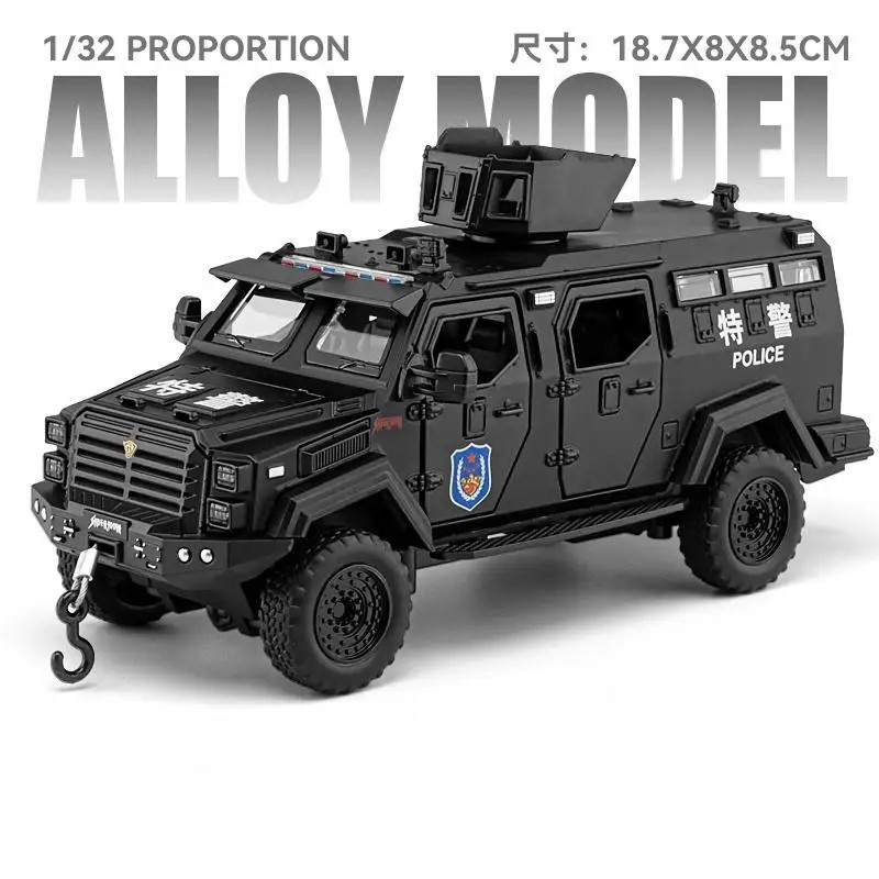 1:32 Police Armored Off-Road Diecast Car Model – Alloy Military Truck w/ Light