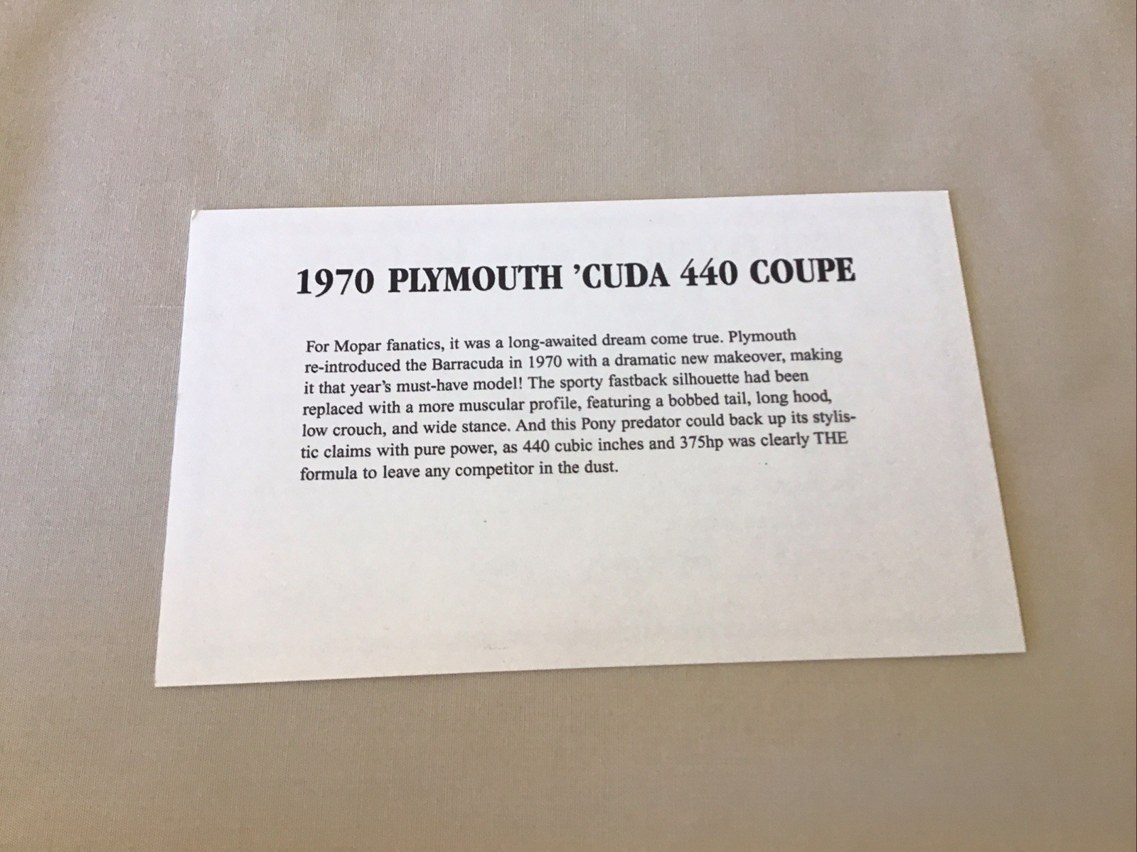 Danbury Mint 1970 Plymouth Cuda 440 Coupe Rare Title Paperwork Only 1:24