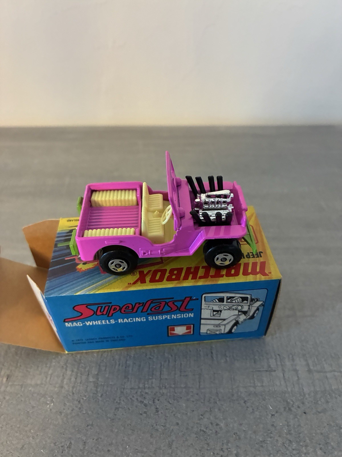 Matchbox Lesney Superfast MB2 Pink Jeep Hot Rod Green Base with Box