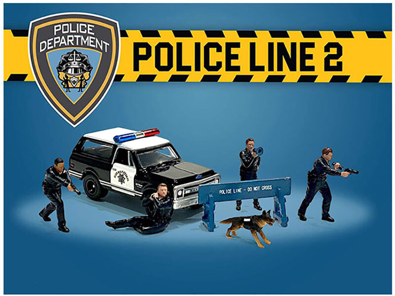“POLICE LINE 2” 6 PC DIECAST FIGURES/ACCESSORIES SET 1/64 AMERICAN DIORAMA 76497