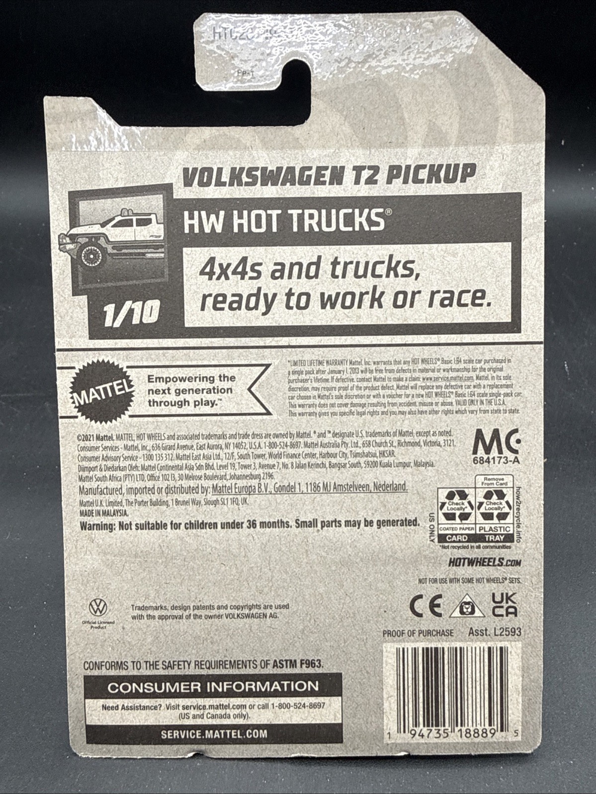 2021 Hot Wheels HOT TRUCKS VOLKSWAGEN T2 PICKUP grey blue 1/10 VW very nice