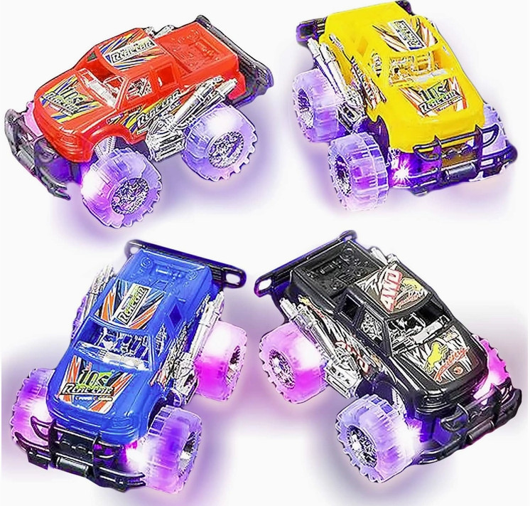Light Up Monster Truck Toys 4 Pack Push-&-Go Cars with Glowing Wheels – Ages 3+