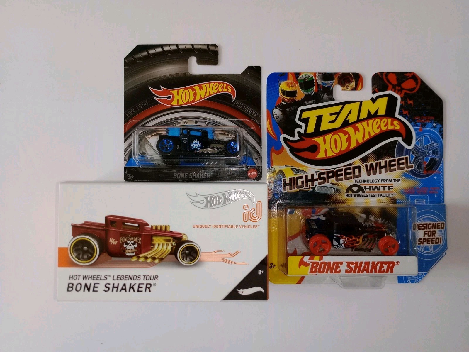 Hot Wheels Boneshaker RED High Speed Wheel / ID / Rare Black&blue Lot Of 3