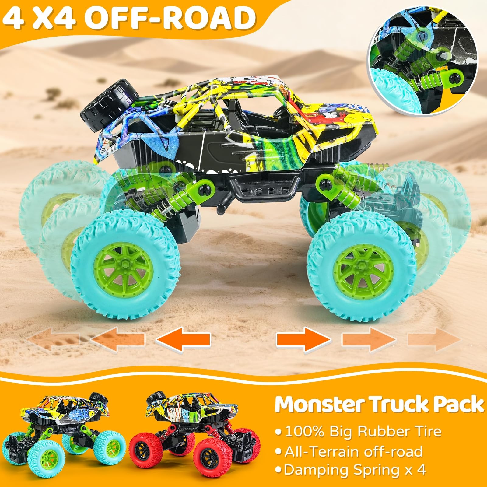6.3 Inch Monster Truck Toys for Boys 3 4 5 6 7 Years Old, Pull Back Friction Pow
