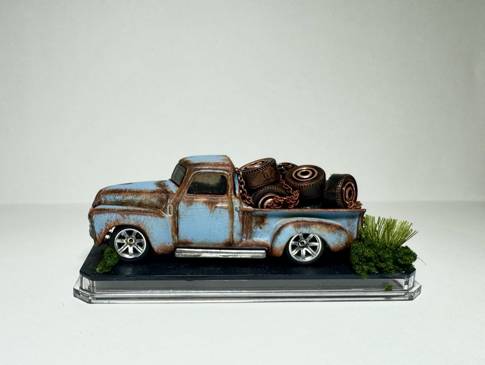 Custom Hot Wheels Blue 1953 Chevy Tire Truck Rat Rod Pickup W/ Real Riders
