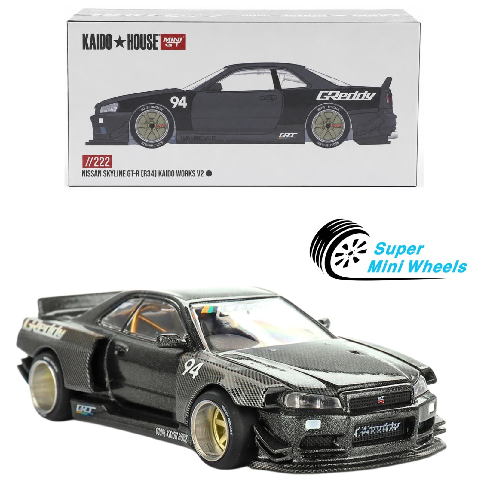 Kaido House x Mini GT 1:64 Nissan GT-R R34 Kaido Works GReddy V2 Black #222
