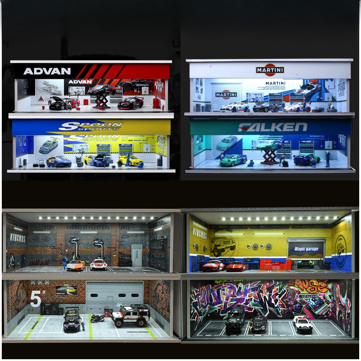 1/64 Diorama Die-cast Car Garage Model LED Lighting City Parking Lot Scene Model