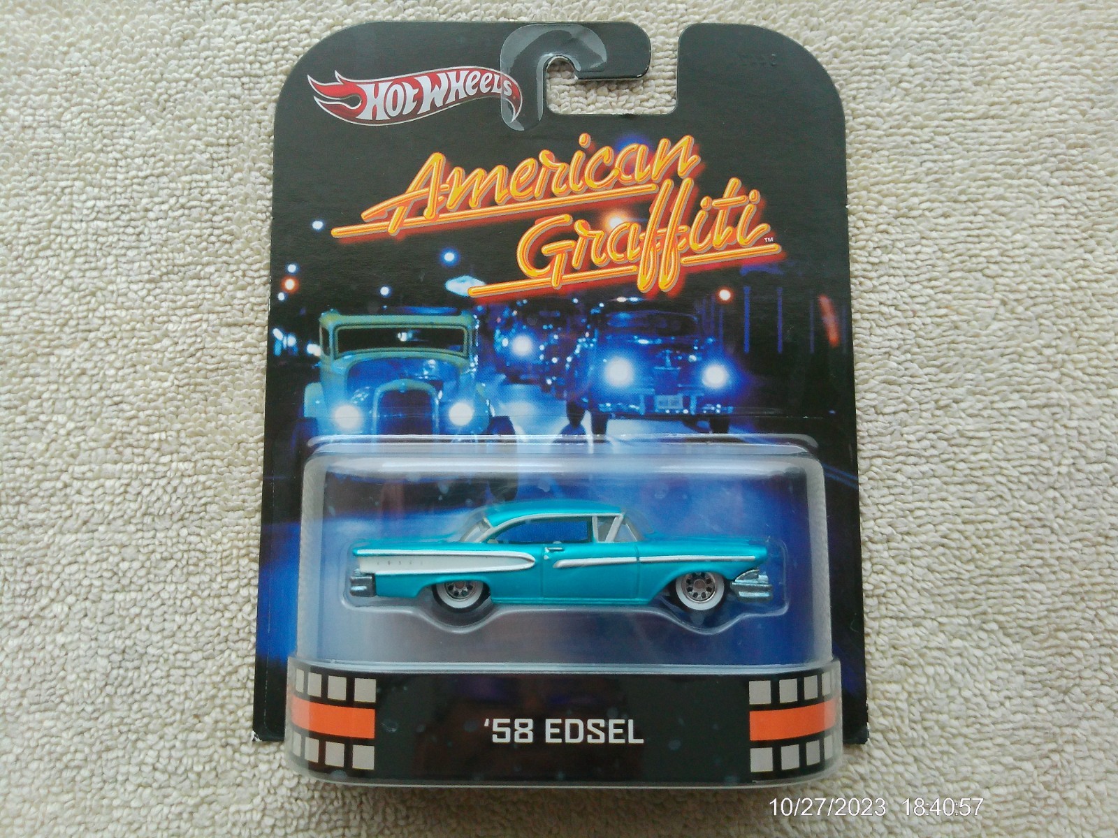 2012 HOT WHEELS RETRO AMERICAN GRAFFITI 1958 EDSEL TEAL COLOR REAL RIDERS NIB!