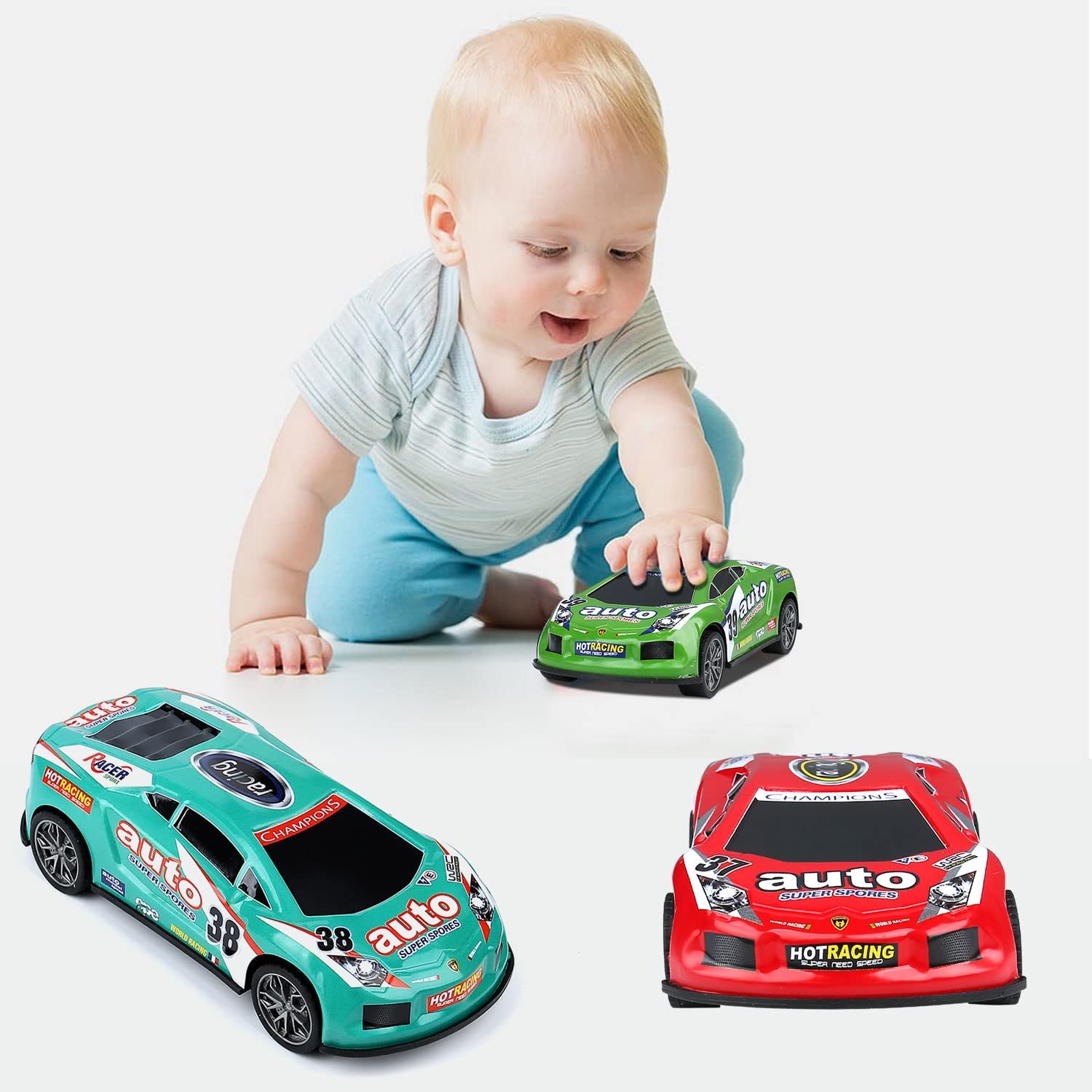 7 inch Friction Power Car Toys Set, Push and Go Pull Back Trucks Wind up Race…