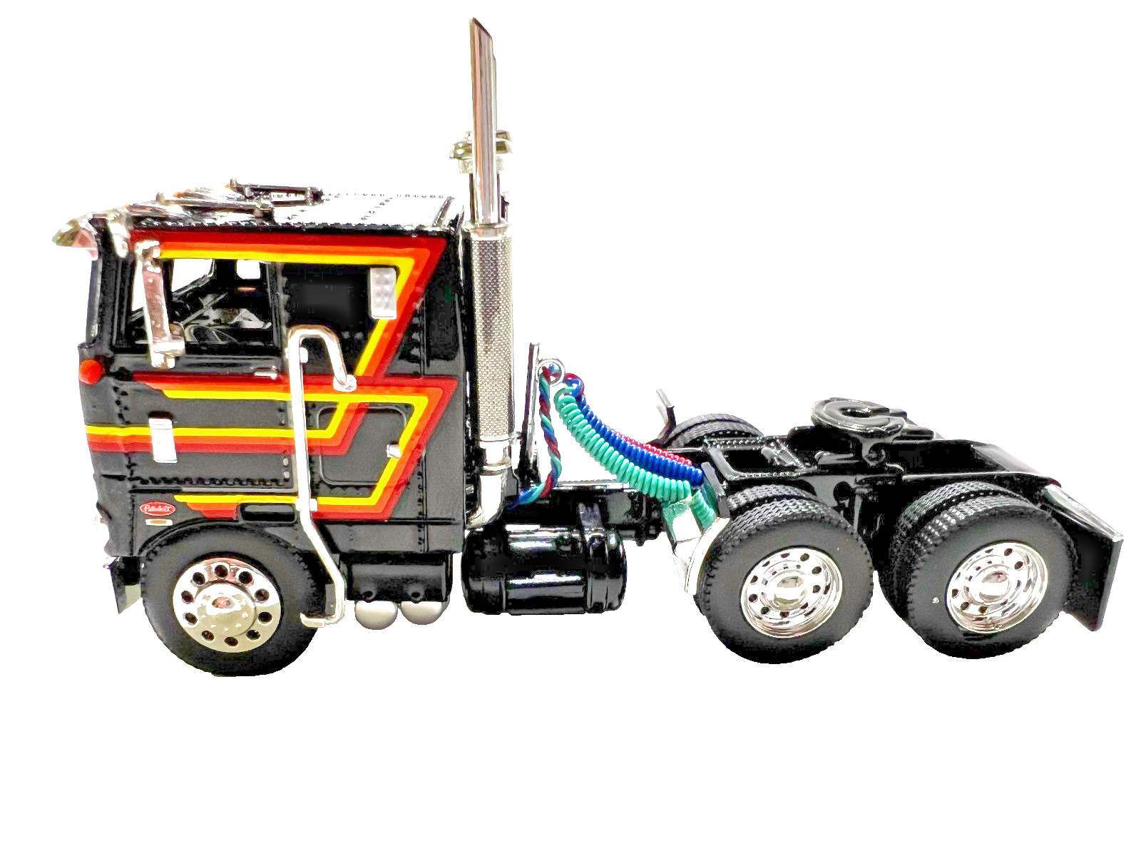 DCP FIRST GEAR 1/64 SCALE PETERBILT 352 CABOVER BLACK YELLOW ORANGE RED STRIPES
