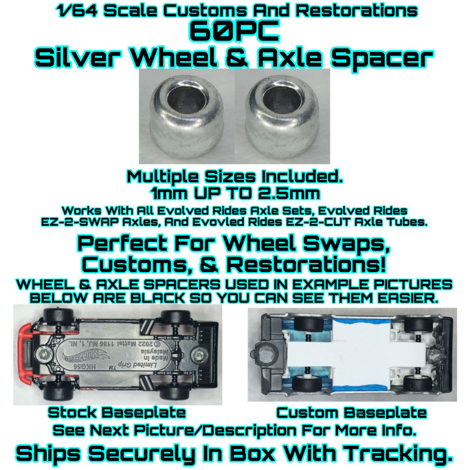 Silver Wheel & Axle Spacers 60PC For 1/64 Scale Custom Restoration Real Rider