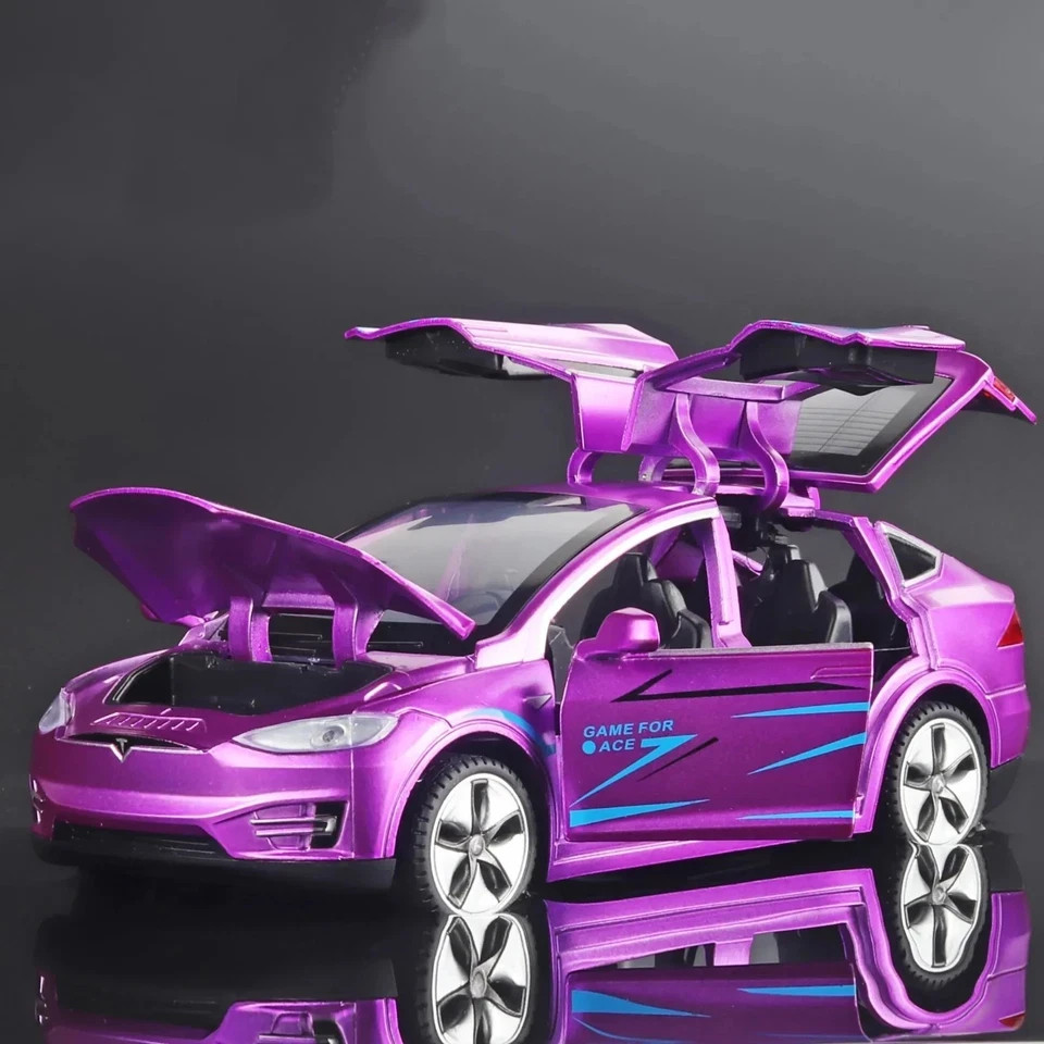 1:32 Tesla Model X Diecast Car Zinc Alloy Metal Toy Pull Back Sound Light Blue
