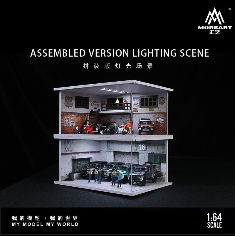 1/64 Garage Diorama Diecast Car Display Case LED Lighting Parking Lot Scene US