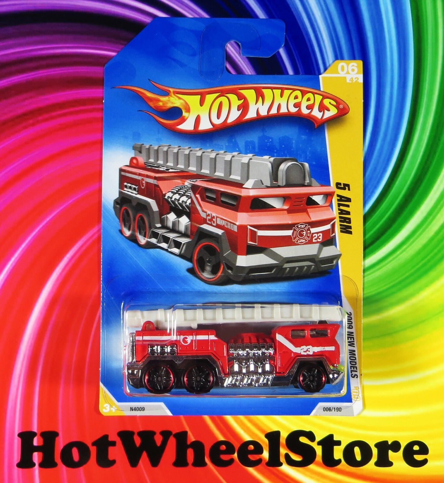 2009 Hot Wheels NEW MODELS Red 5 ALARM FIRE ENGINE Card #006 HW18-011724
