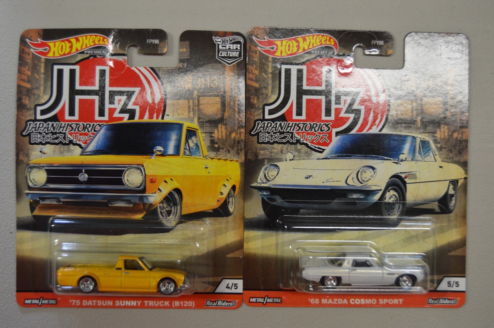 Hot Wheels JH3 Japan Historics White Mazda Cosmo + Yellow 75 Datsun Sunny Truck