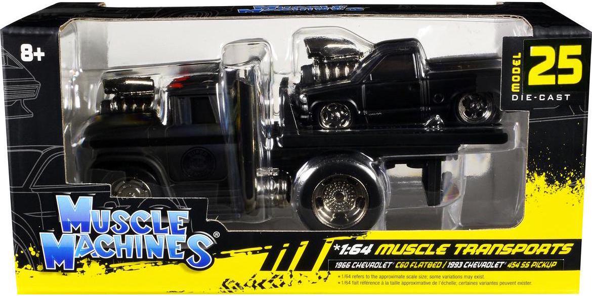 1966 Chevrolet C60 Flatbed Truck Matt Black and 1993 Chevrolet 454 SS Pickup by