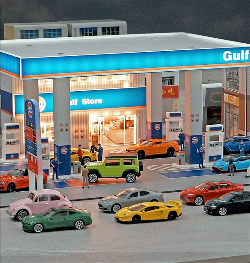 Diorama City Gas Station Model Car Garage LED Lighting 1/64 Scene Display Model
