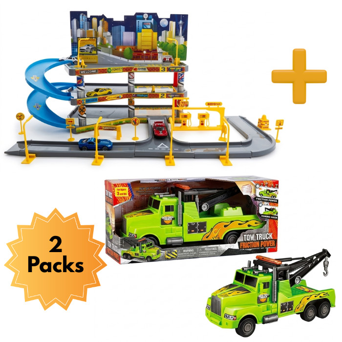 Urban Parking Garage Track Set w/ Cars + 11″ Friction Mega Tow Truck Toy