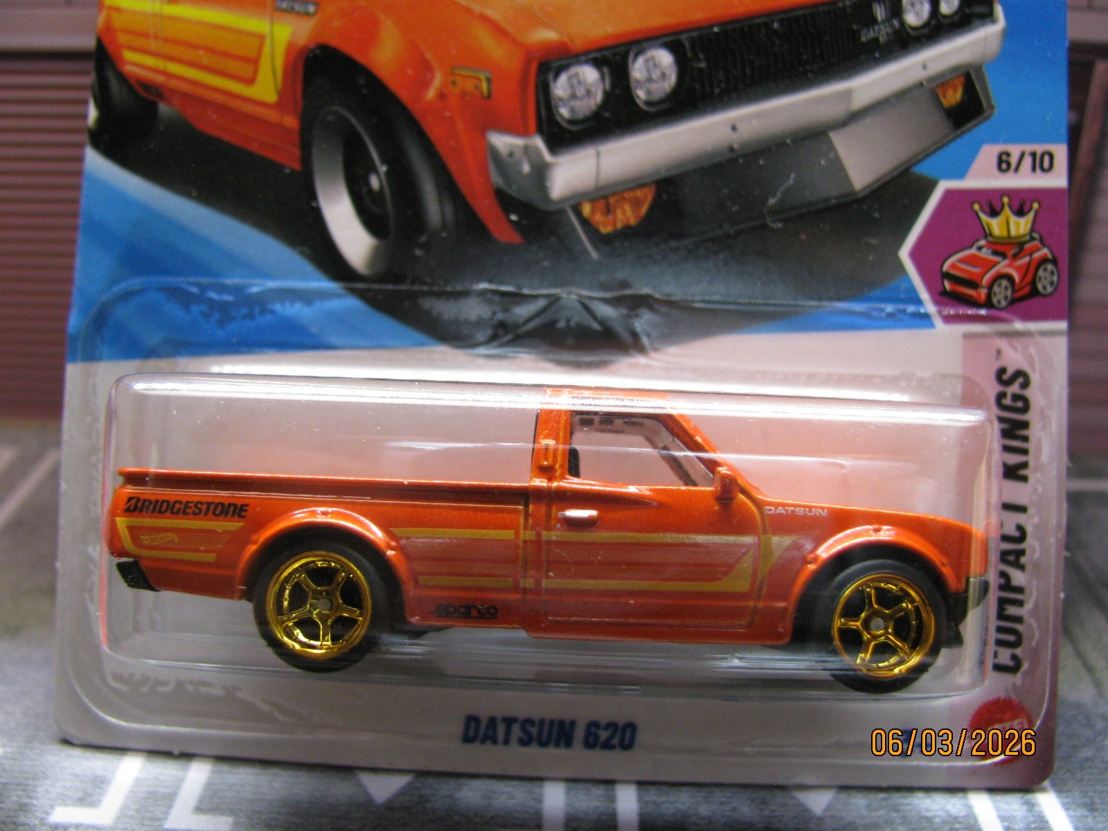 2026 Hot Wheels Orange Compact Kings Datsun 620, w/Real Riders Wheel Swap
