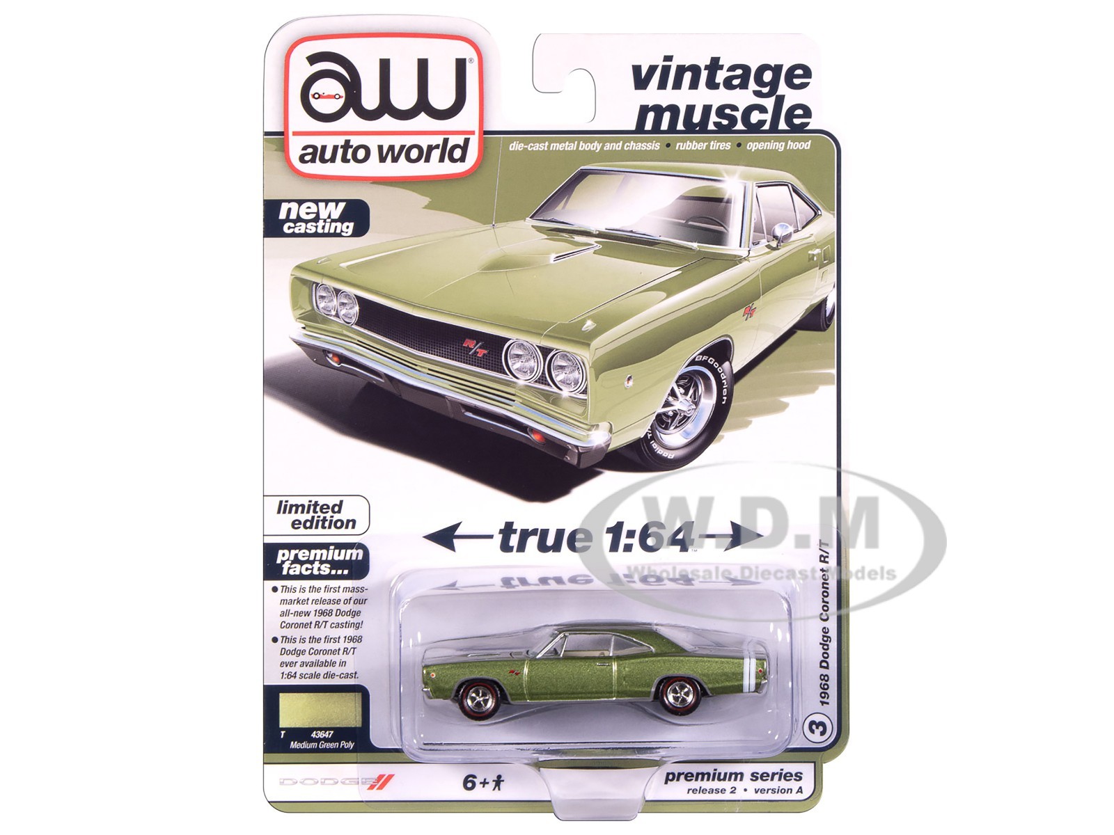 1968 DODGE CORONET R/T MEDIUM GREEN 1/64 DIECAST BY AUTO WORLD 64512-AWSP194 A