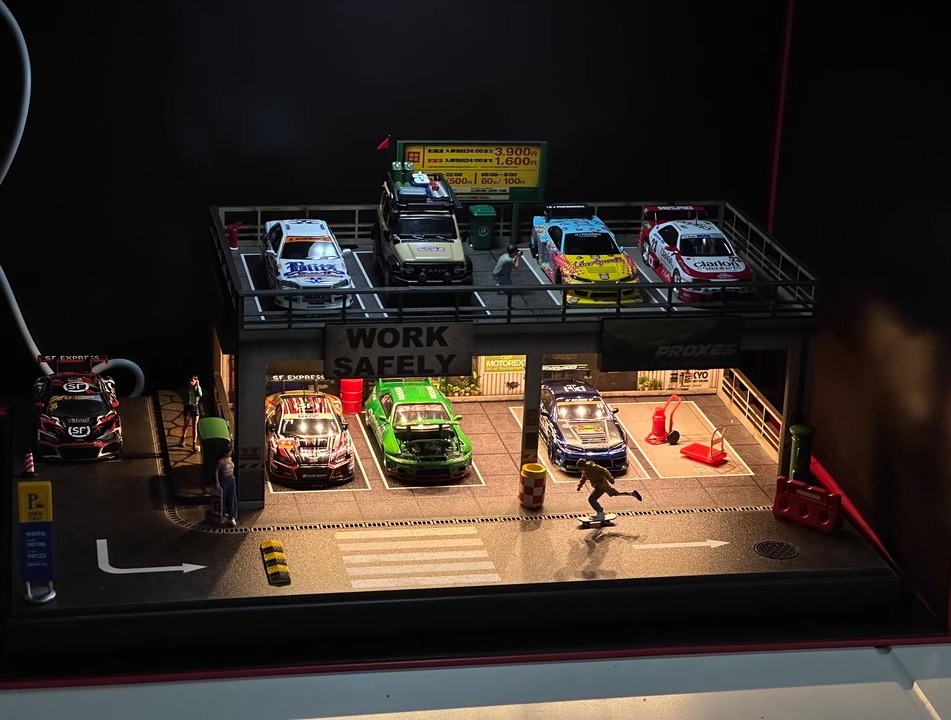 1/64 Diorama Diecast Garage Model LED Lighting Parking Lot Scene Display Case US
