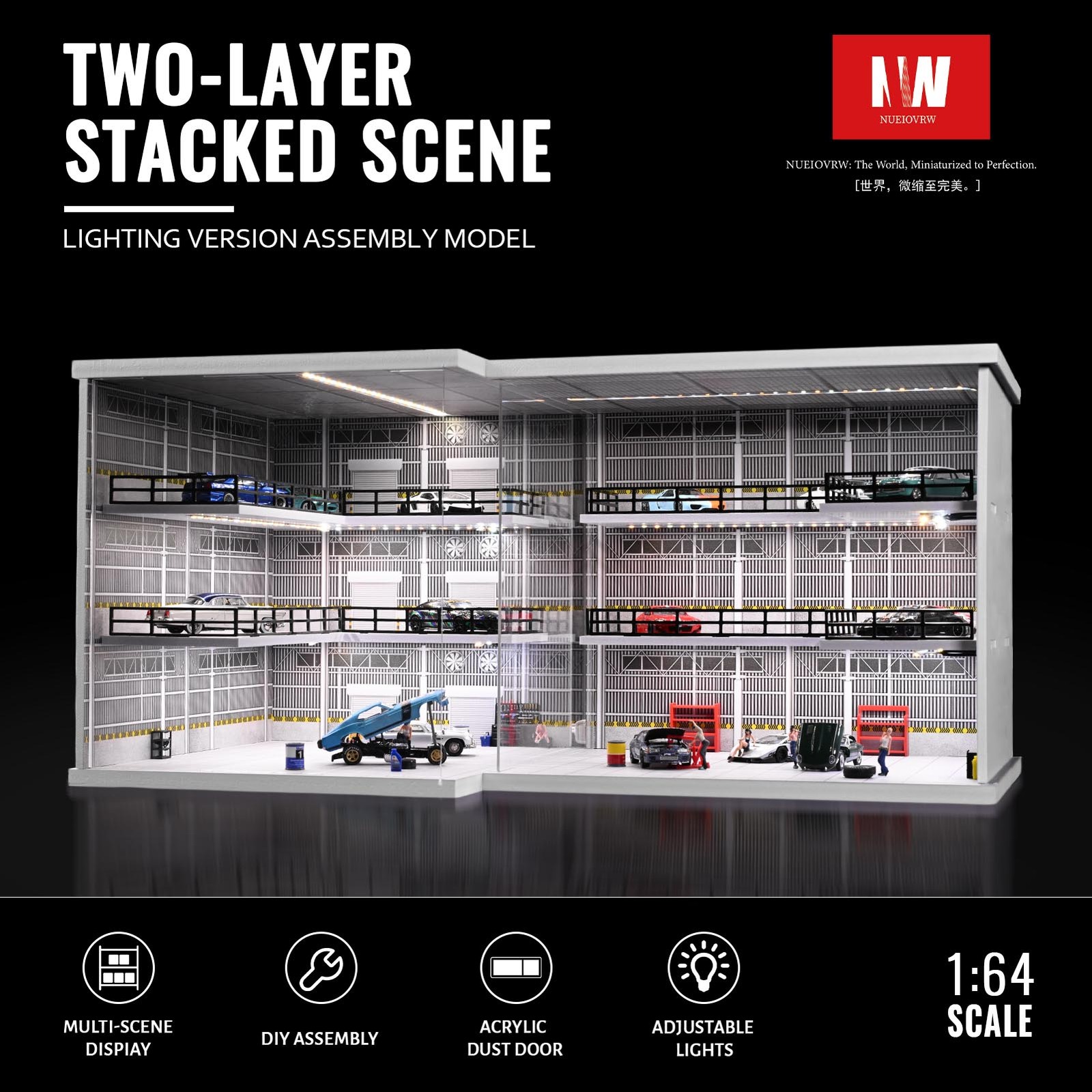 Diorama 1/64 Big Garage Model LED Lighting Parking Lot Scene Display Case Toy US