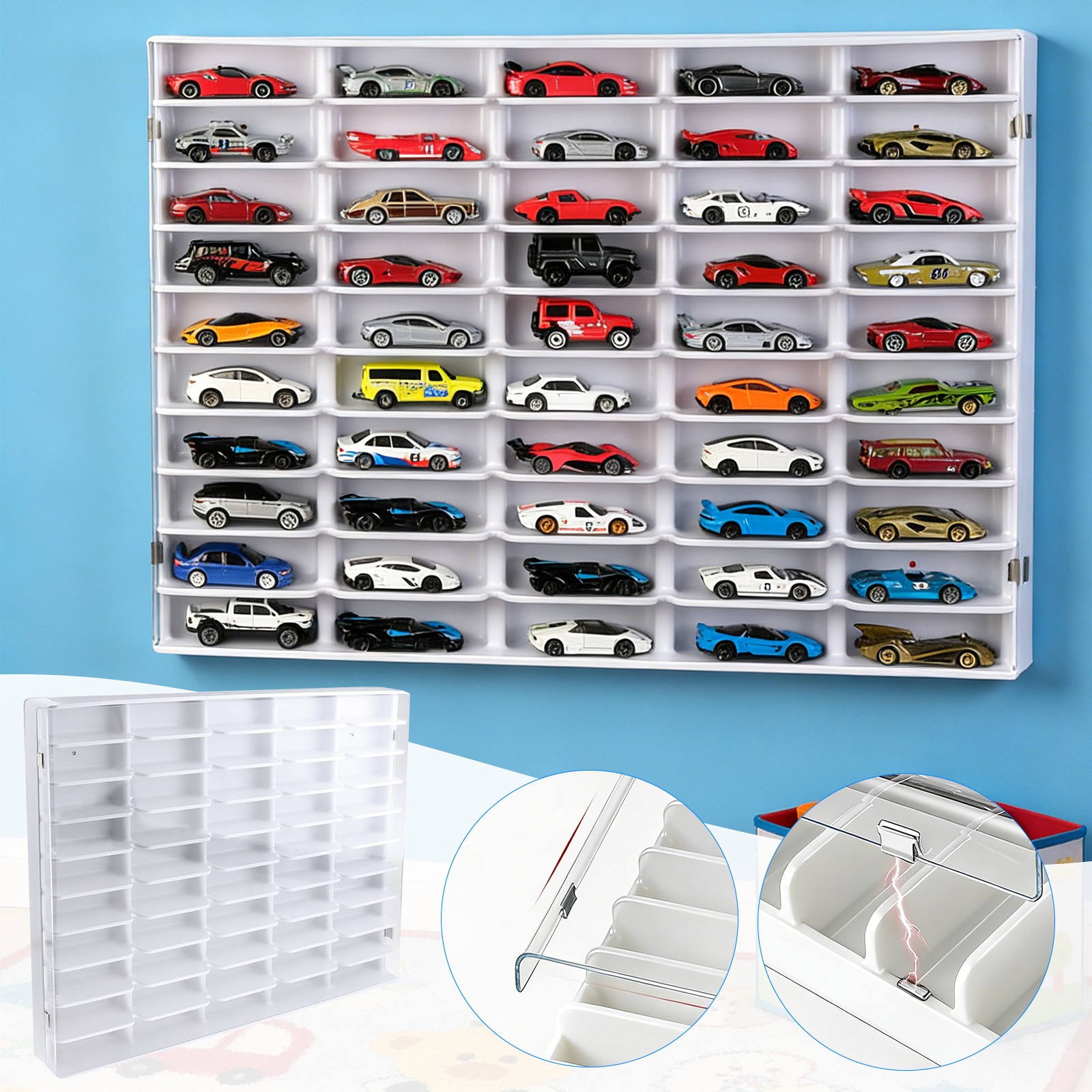 Acrylic Display Case for HW 1/64 Diecast Car Matchbox Toy Storage Shelf 50-Grid