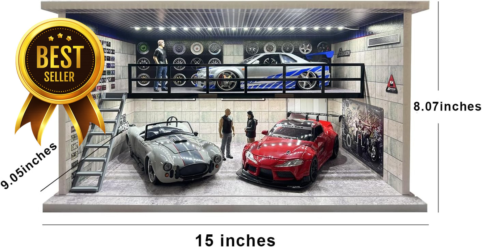 1:24 Die Cast Car Display Case Garage Diorama with Lights Acrylic Cover 4 Spaces