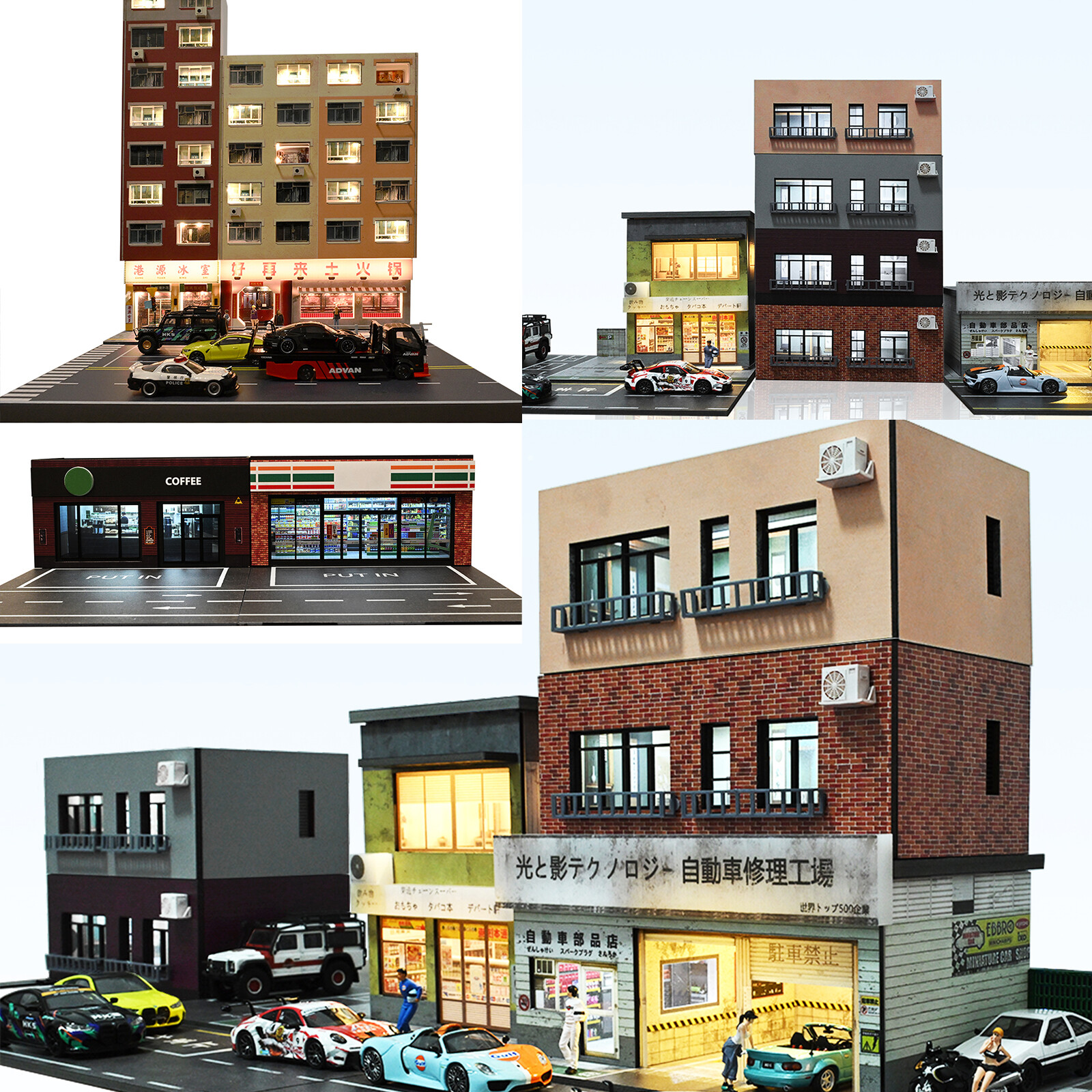 1/64 Diorama Car Garage Model LED Light City Street House Building Model Display
