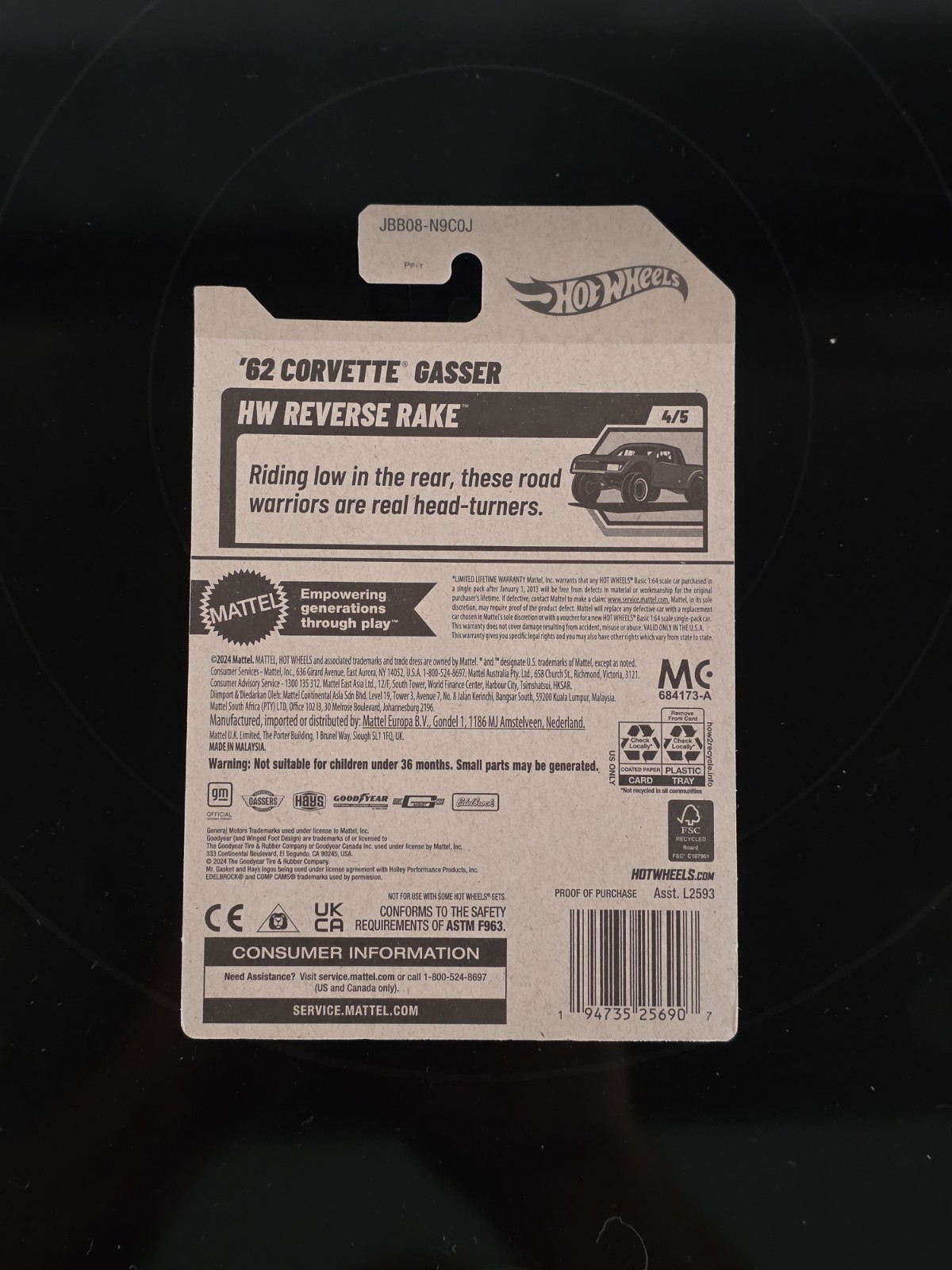 2025 Hot Wheels ’62 Corvette Gasser 182/250 Gray VHTF Variation WHITE 5SPK