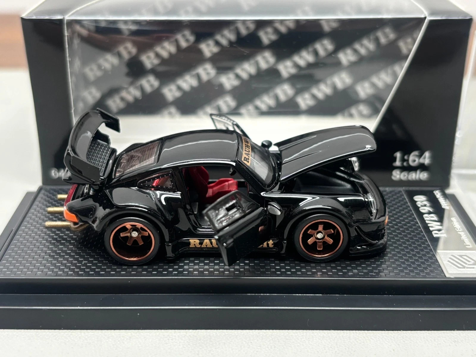 PORSCHE RWB 930 BLACK FULLY OPENING 1/64 DIECAST CAR BY FG MODEL AMAZING QUALITY