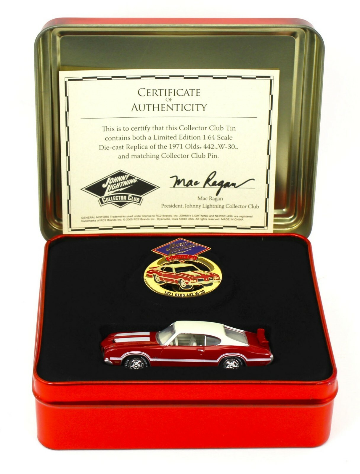 Johnny Lightning Collector Club Tin *RED & WHITE* 1971 Olds Cutlass 442 W-30 NIB