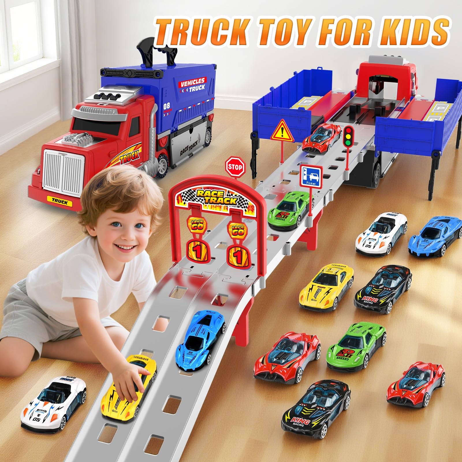 Carrier Truck Race Track Toys, Truck Toys for 3, 4, 5, 6, 7, 8 Years Old Kids…