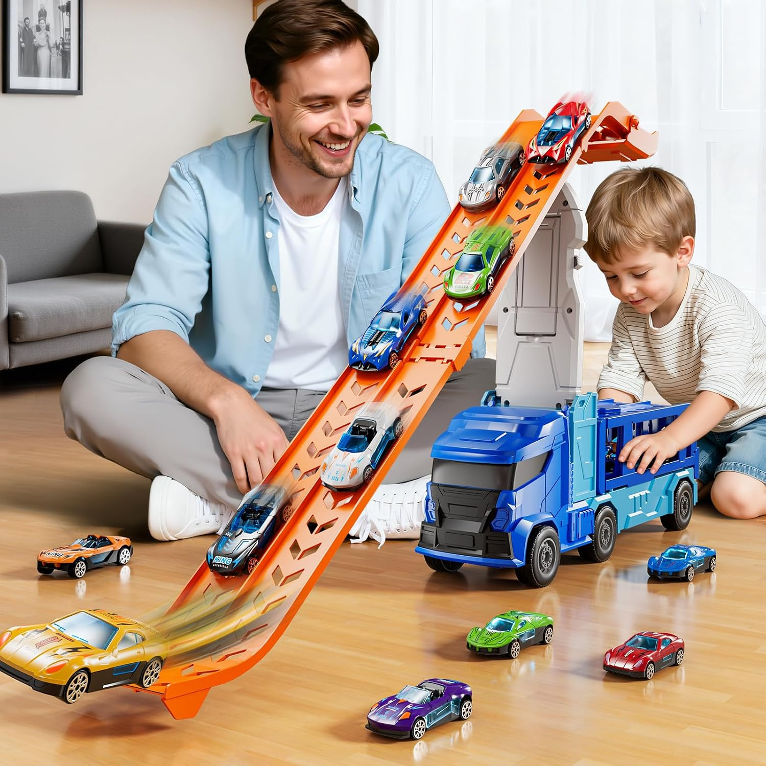 Truck Toys Car Track Set for 3 4 5 6 Years Old Boys, Carrier Truck Transporter C