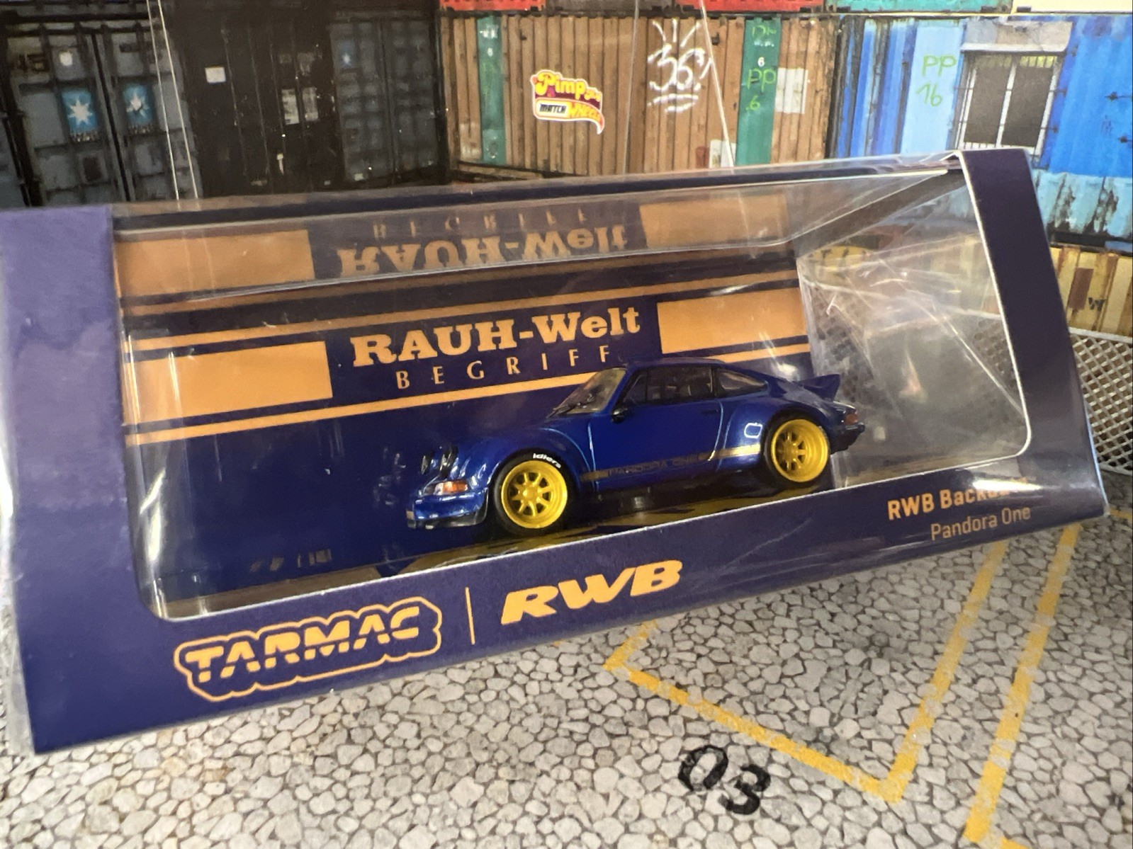1/64 TARMAC PORSCHE RWB BACKDATE PANDORA ONE BLUE AND YELLOW