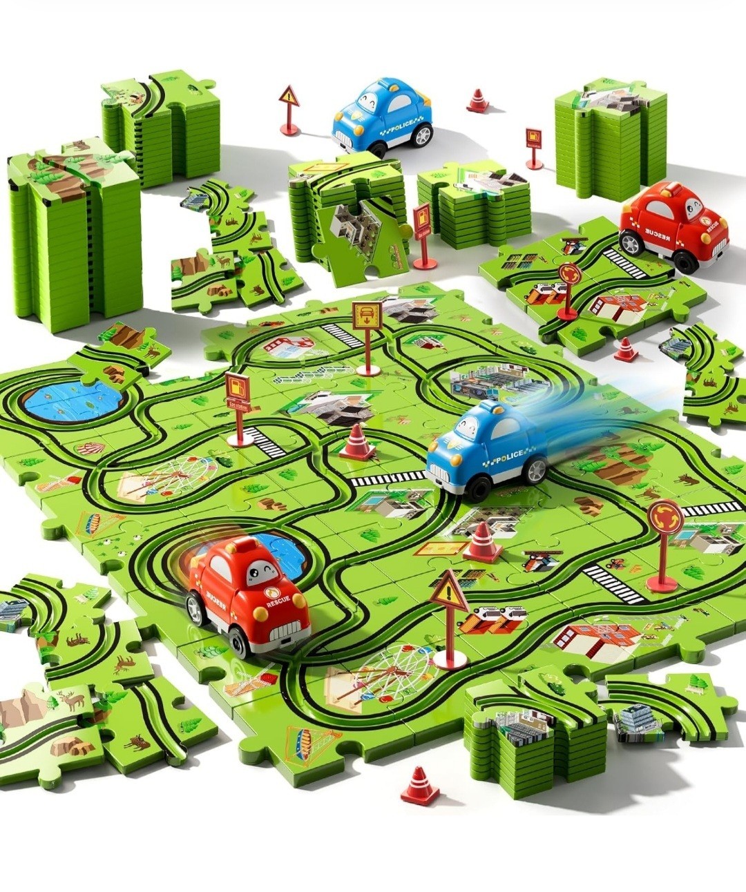 48PCS Puzzle Race Track Car Set for Kids Boy & Girl Floor Puzzle Tracks Car Toys