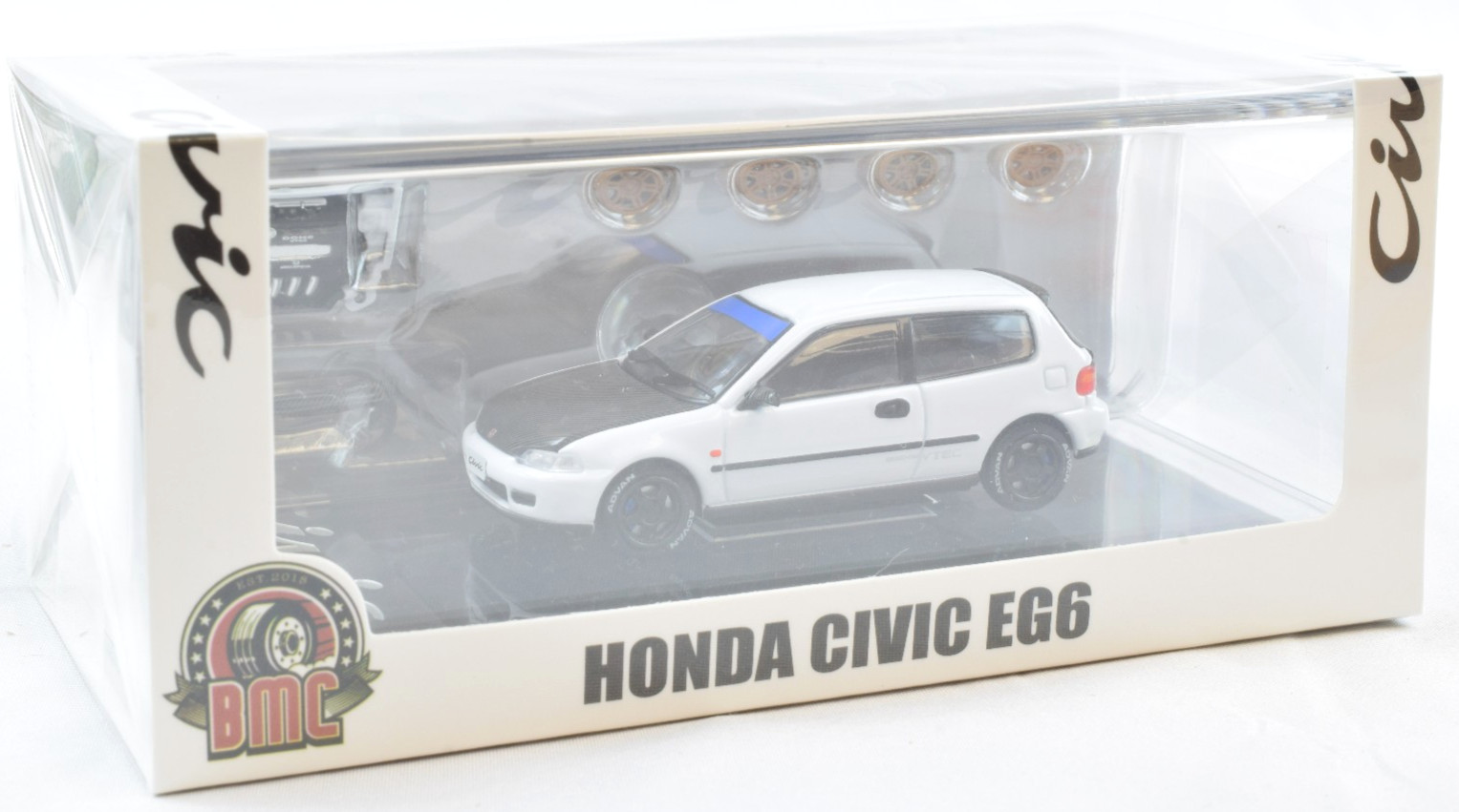 BM Creations Honda Civic EG6 – RHD – White Carbon Bonnet 1:64 Car 64B0484
