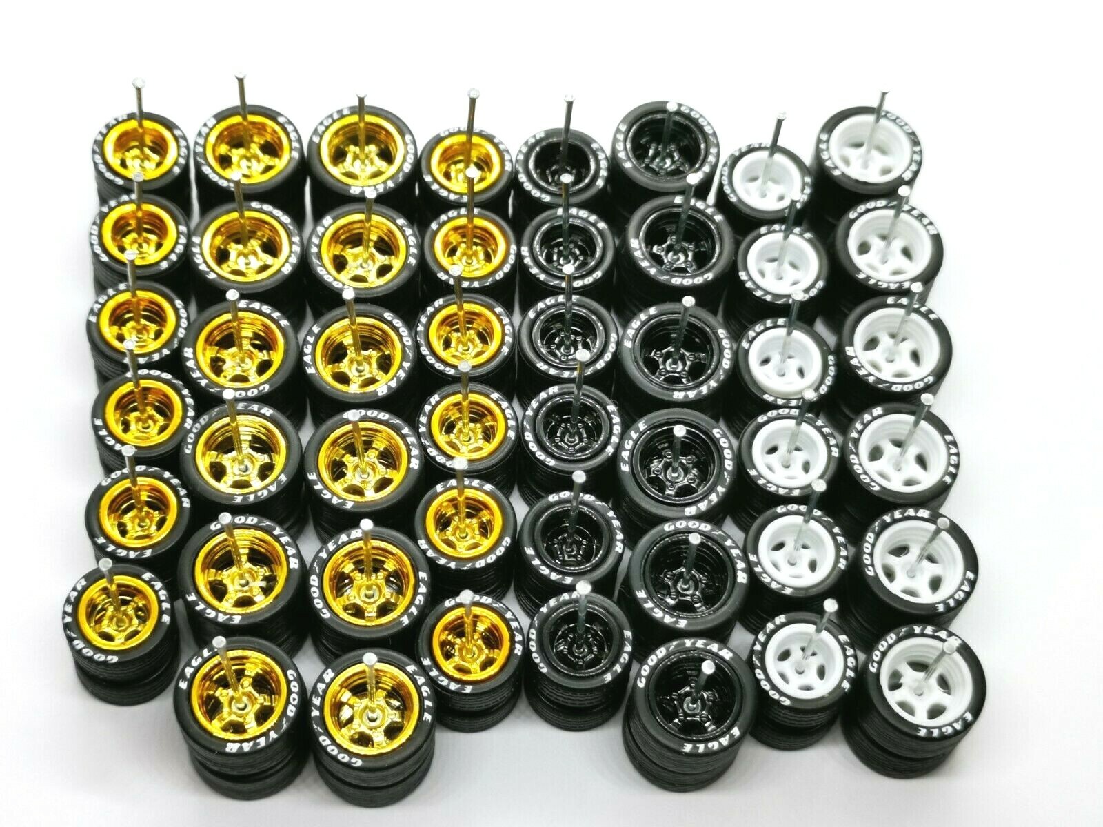 Hot Wheels Good Year Rubber Tires 24 sets 5 Spoke 12/10 mm ( Gold+Black+White