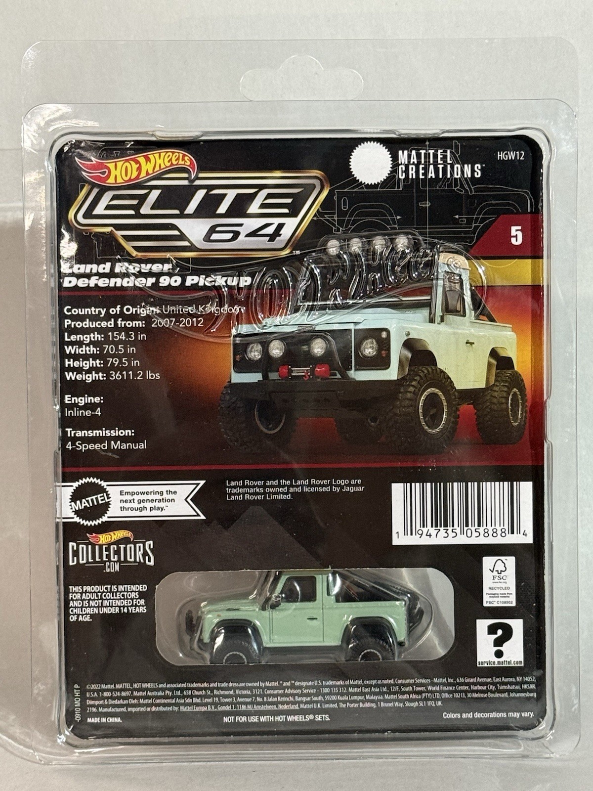 Hot Wheels Elite 64 LAND ROVER DEFENDER 90 Pickup 1:64 Diecast Real Rider HGW12