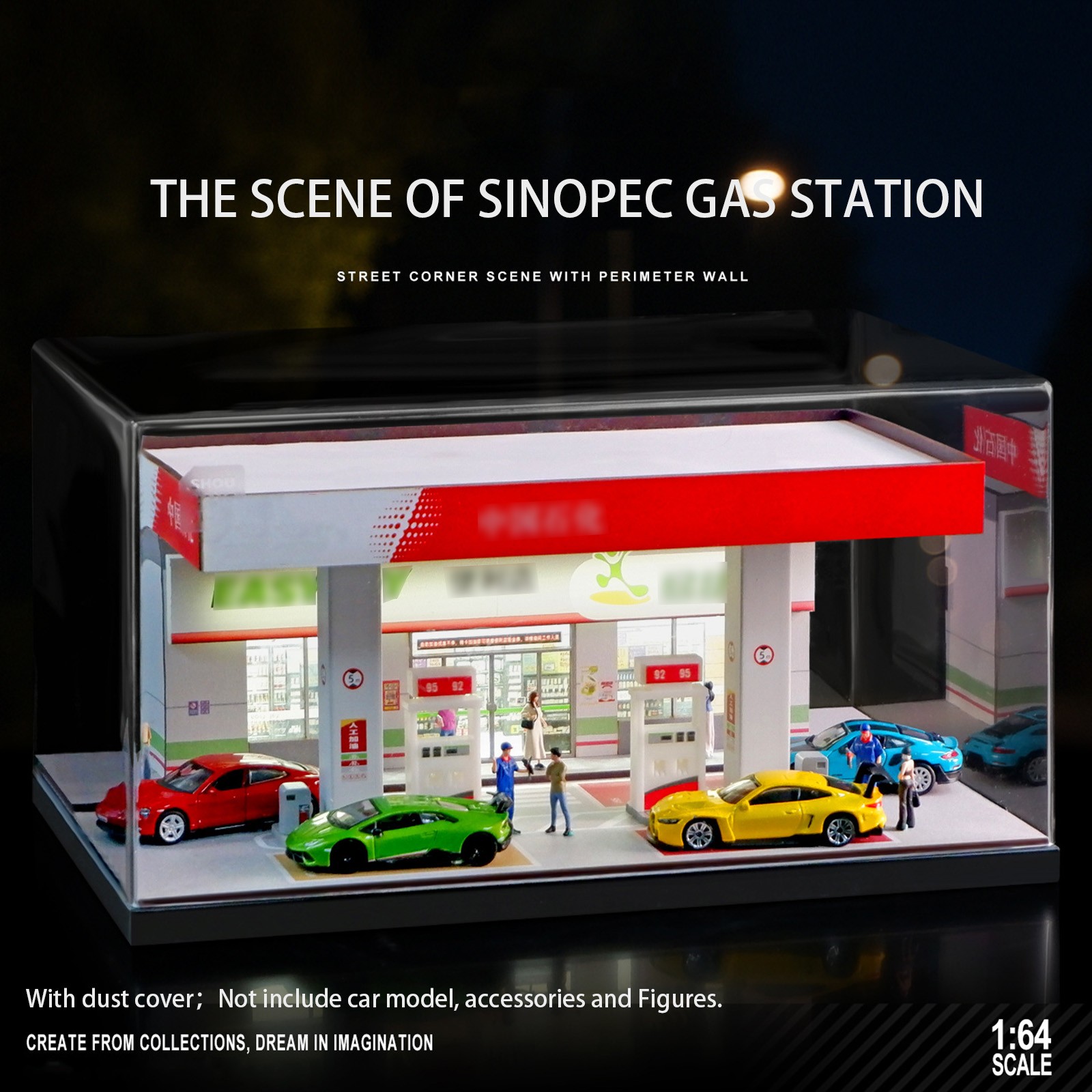 1/64 Diorama Car Garage Model LED Lighting Gas Stations Parking Lot Scene Model