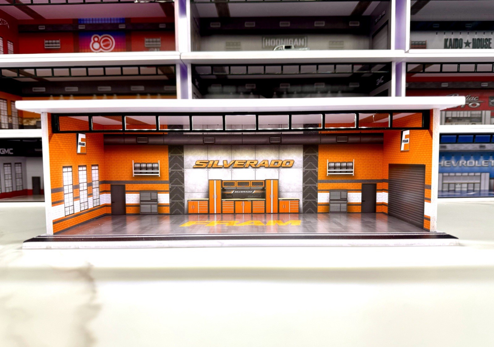 Orange Fram For 83 Silverado Themed Diorama 1:64 Scale Model Garage LED Lighting