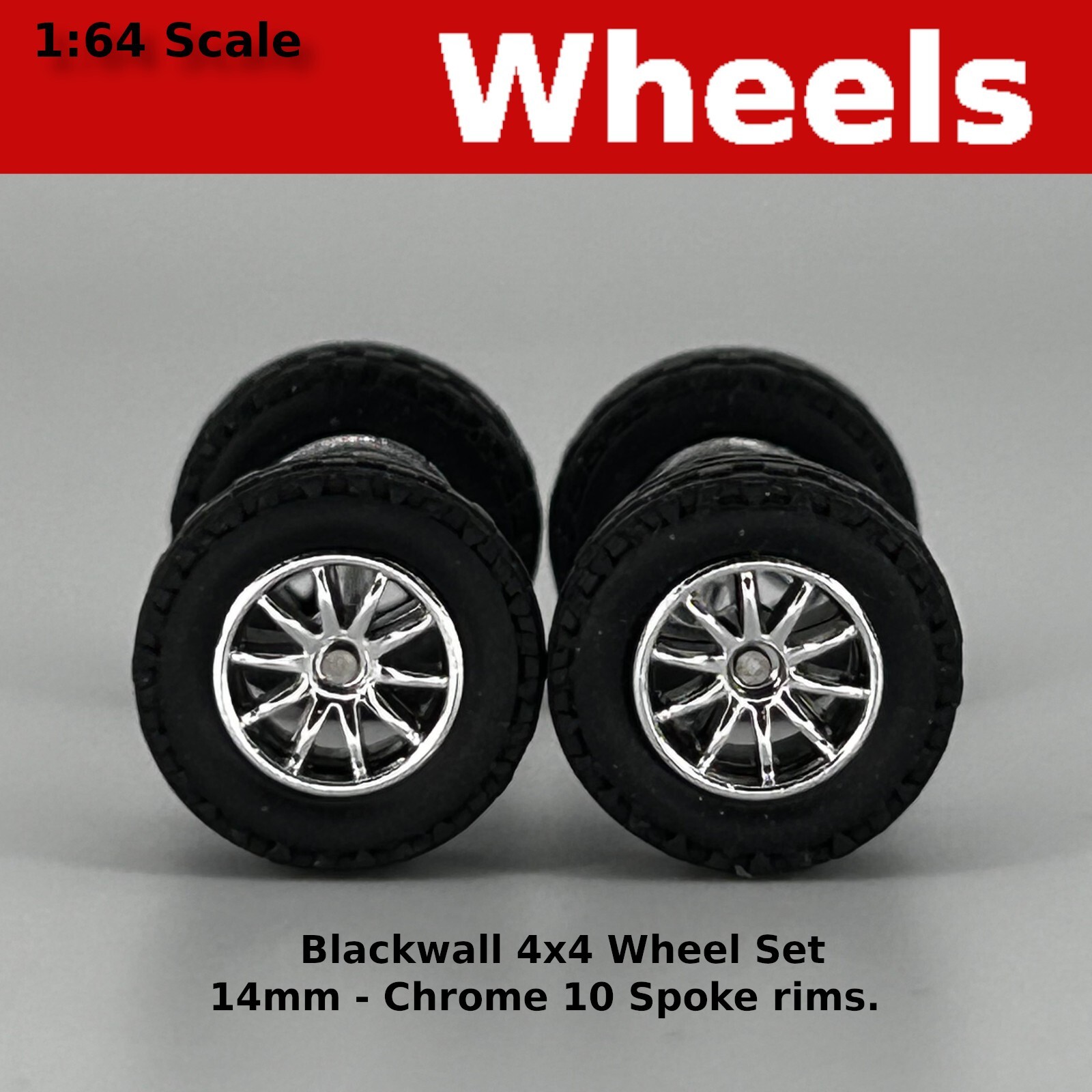 14mm 4×4 Truck Tire Sets – Blackwall Chrome 10 Spoke for Hot Wheels
