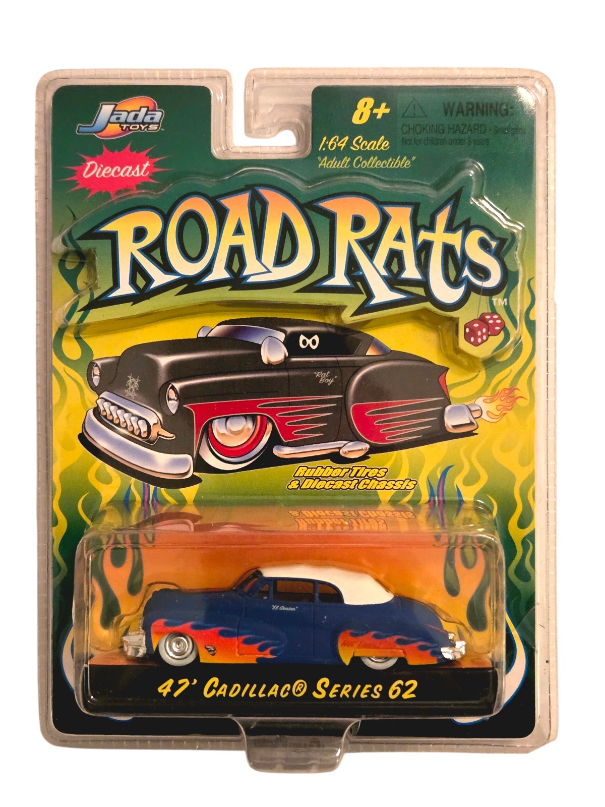 Jada Toys Road Rats 1947 Cadillac Series 62 Blue w/ Flames White Top 1:64 Scale