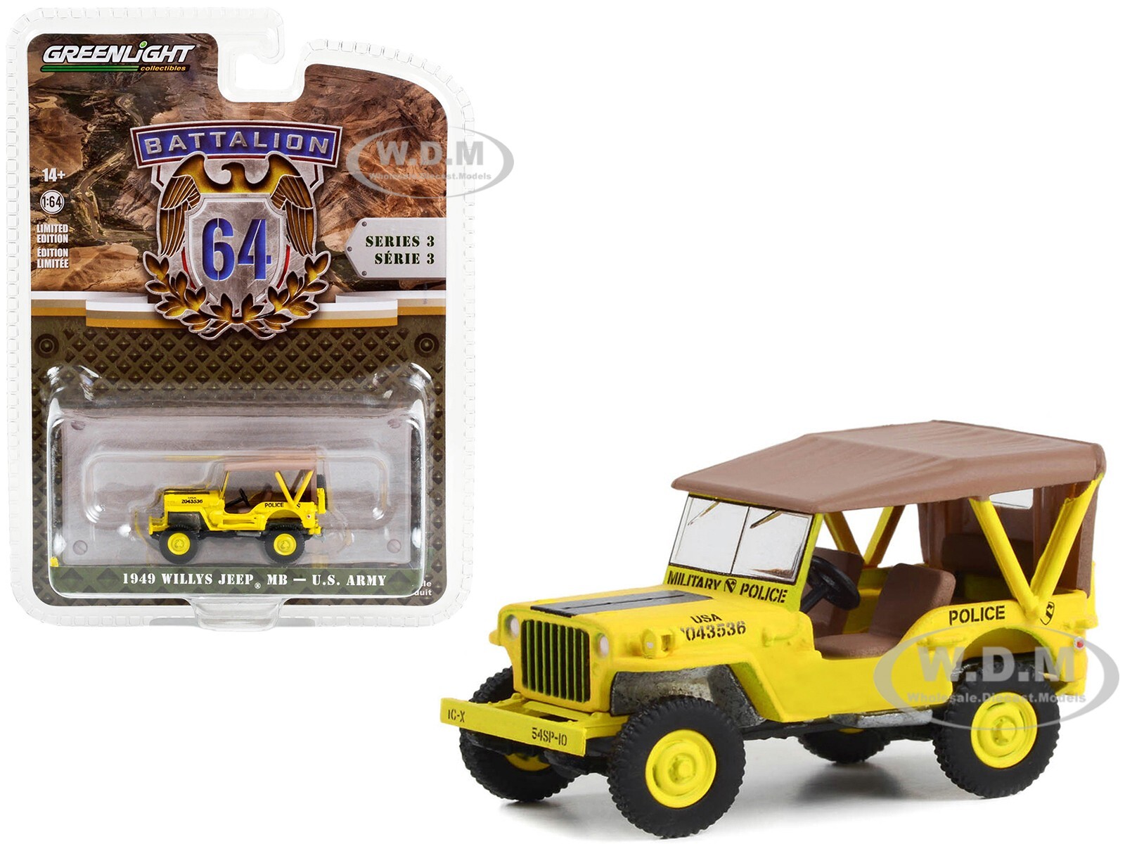 1949 WILLYS JEEP MB “MILITARY POLICE” YELLOW 1/64 DIECAST BY GREENLIGHT 61030 C