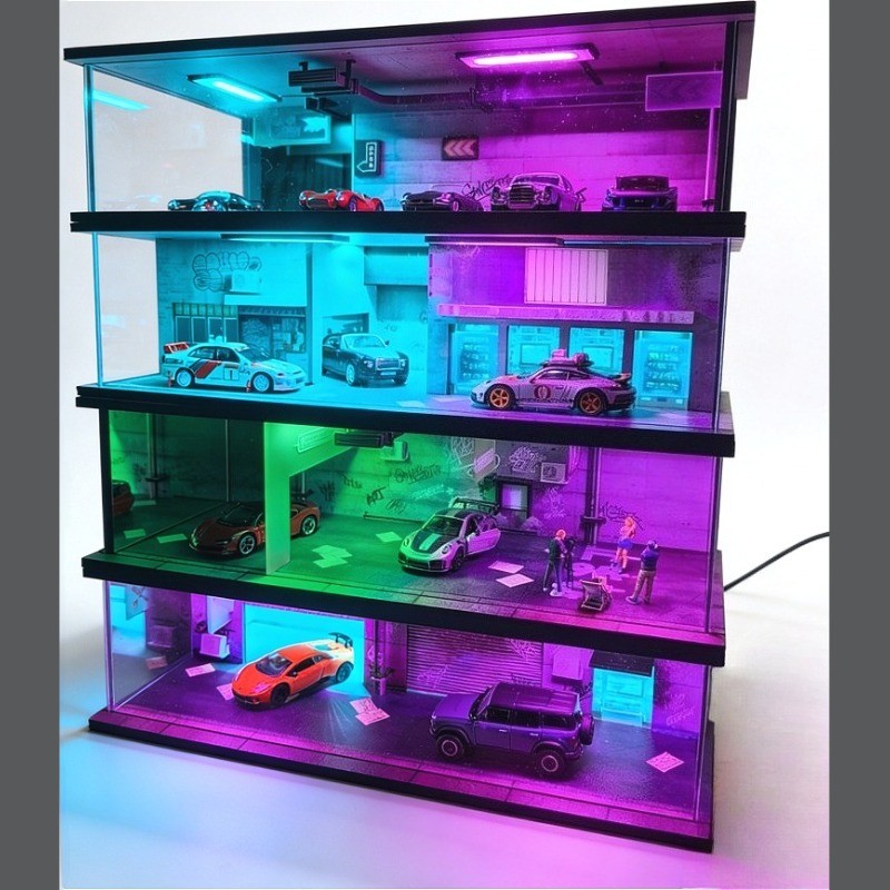 1/64 Diorama Garage Model With LED Parking Lot Display Case For Hot Wheels US