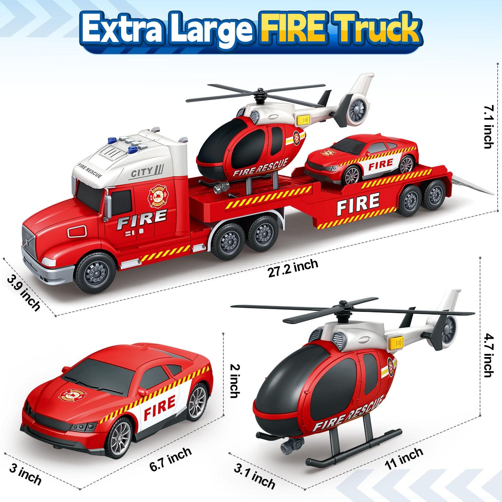 Boys Toys, 3 4 5 Large Fire Truck Toys with Lights Sounds, Truck Car with Rac…