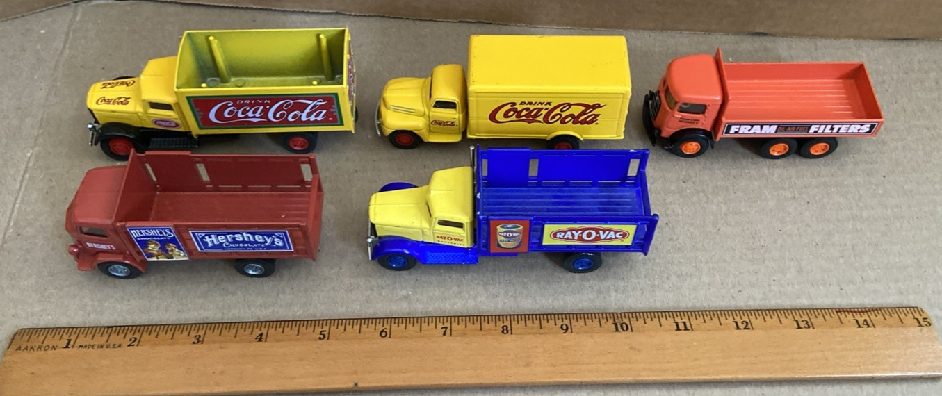 Five Vintage Hartoy Die-Cast Toy Trucks Coca-Cola / Fram /Ray-O-Vac / Hershey’s