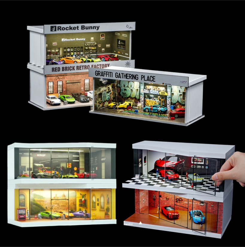 US 1/64 Garage Diorama Model LED Light City Parking Scene Diecast Car Display