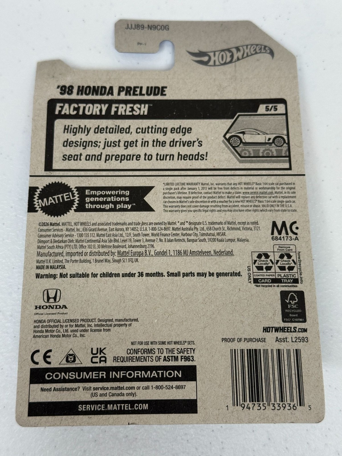 2026 Hot Wheels 98 Honda Prelude Factory Fresh 5/5 136/250 Black 1:64 NOC